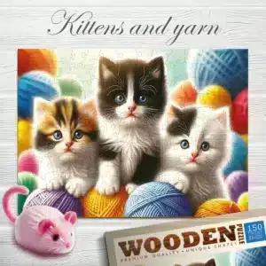 Kiscicák és fonalgombolyag fa puzzle