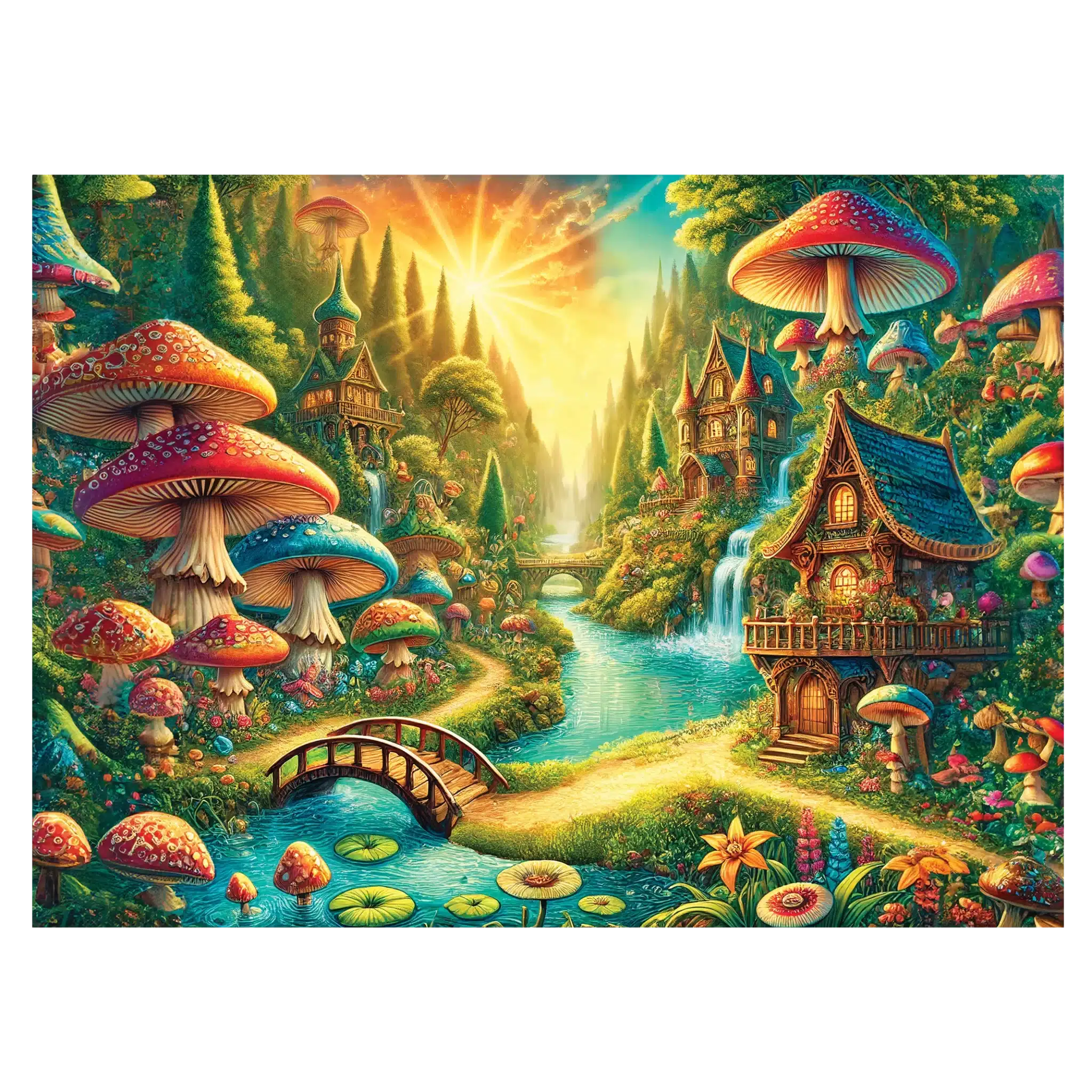 Pădure mistică lângă cascadă puzzle din lemn