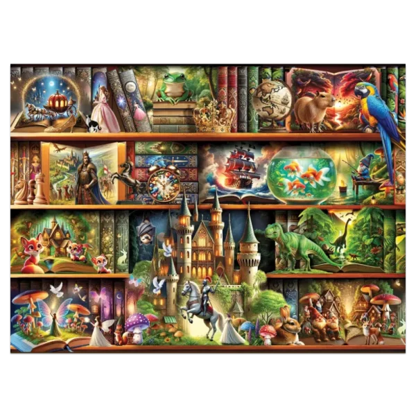 un puzzle din lemn cu basme pe fiecare raft