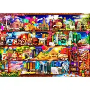 în jurul lumii călătorie bibliotecă raft din lemn puzzle